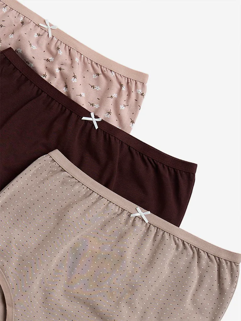 Wunderlove Light Taupe Cotton-Blend Full Briefs - Pack of 3