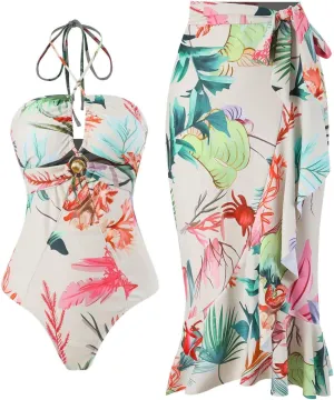 Xiaojmake 3 Piece Swimsuits for Women High Waisted Bathing Suit Sexy Floral Print Bikini Set with Cover Up Beach Wrap Skirt