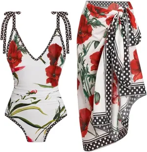 Xiaojmake 3 Piece Swimsuits for Women High Waisted Bathing Suit Sexy Floral Print Bikini Set with Cover Up Beach Wrap Skirt