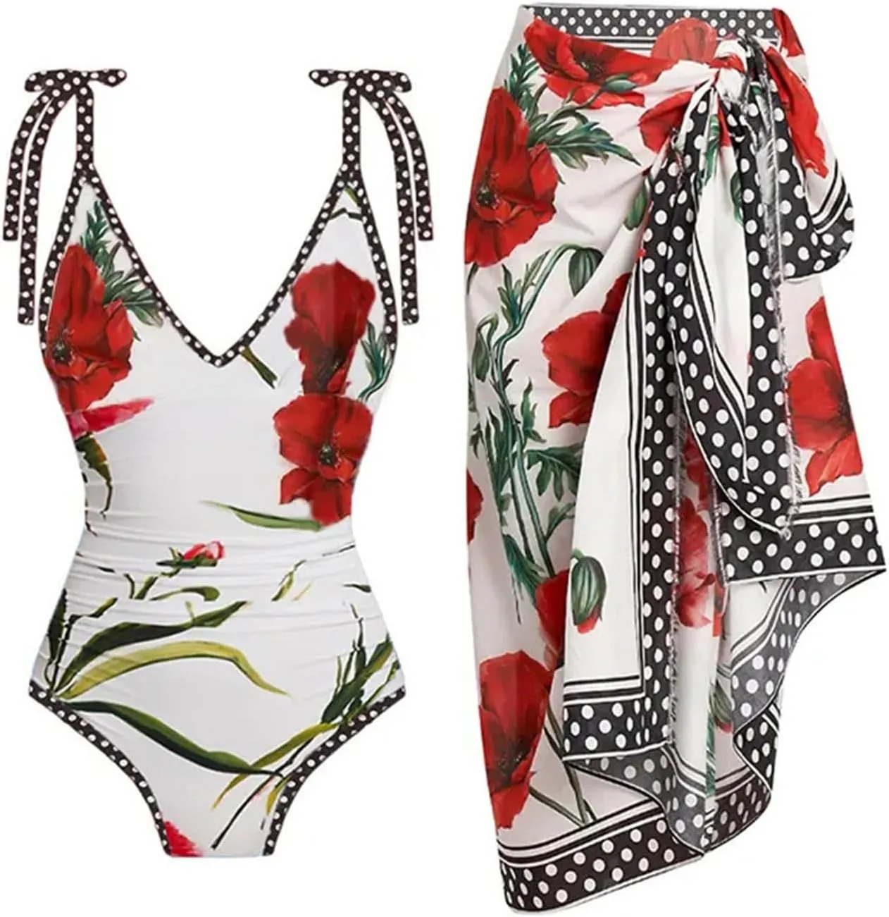 Xiaojmake 3 Piece Swimsuits for Women High Waisted Bathing Suit Sexy Floral Print Bikini Set with Cover Up Beach Wrap Skirt