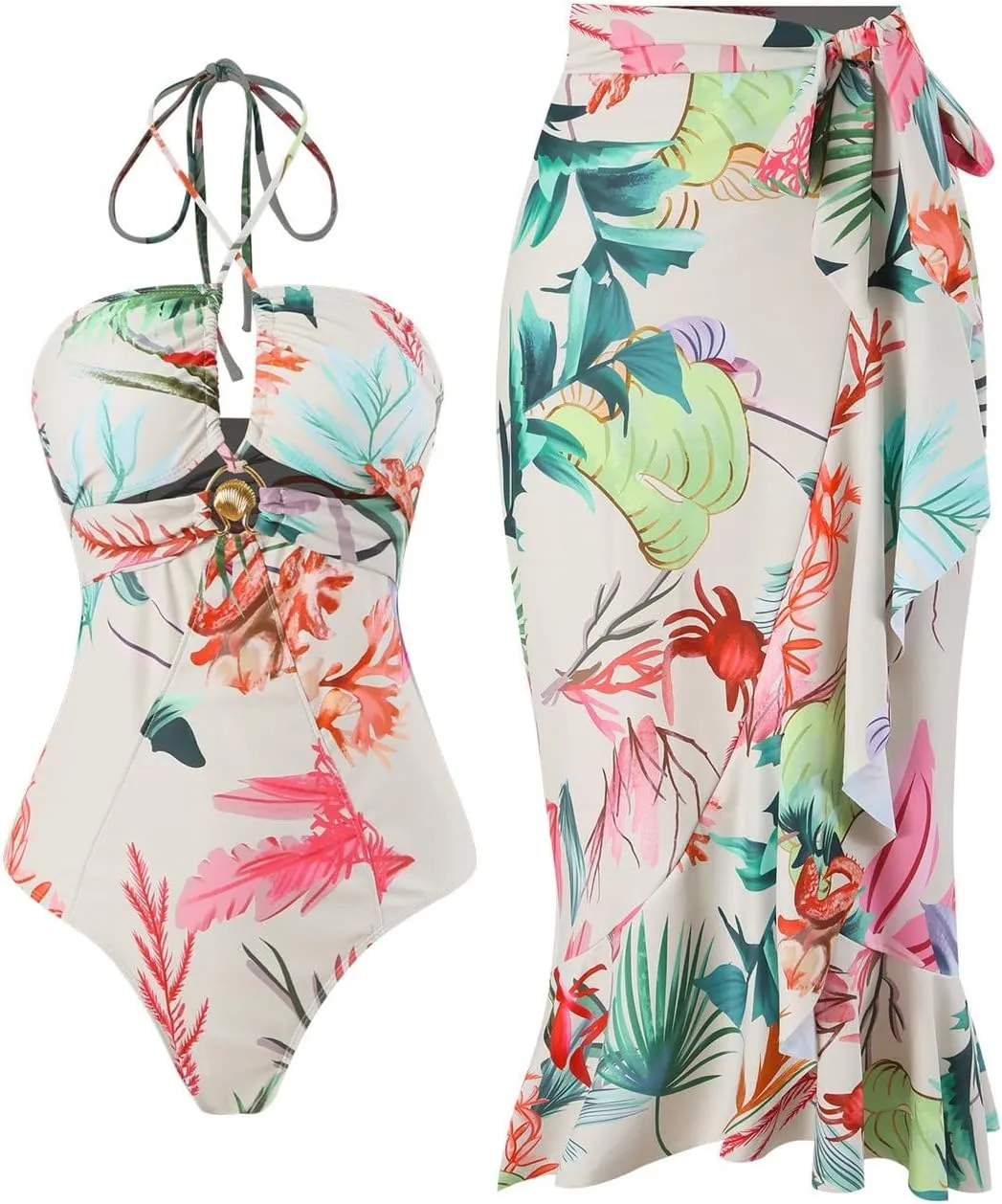 Xiaojmake 3 Piece Swimsuits for Women High Waisted Bathing Suit Sexy Floral Print Bikini Set with Cover Up Beach Wrap Skirt