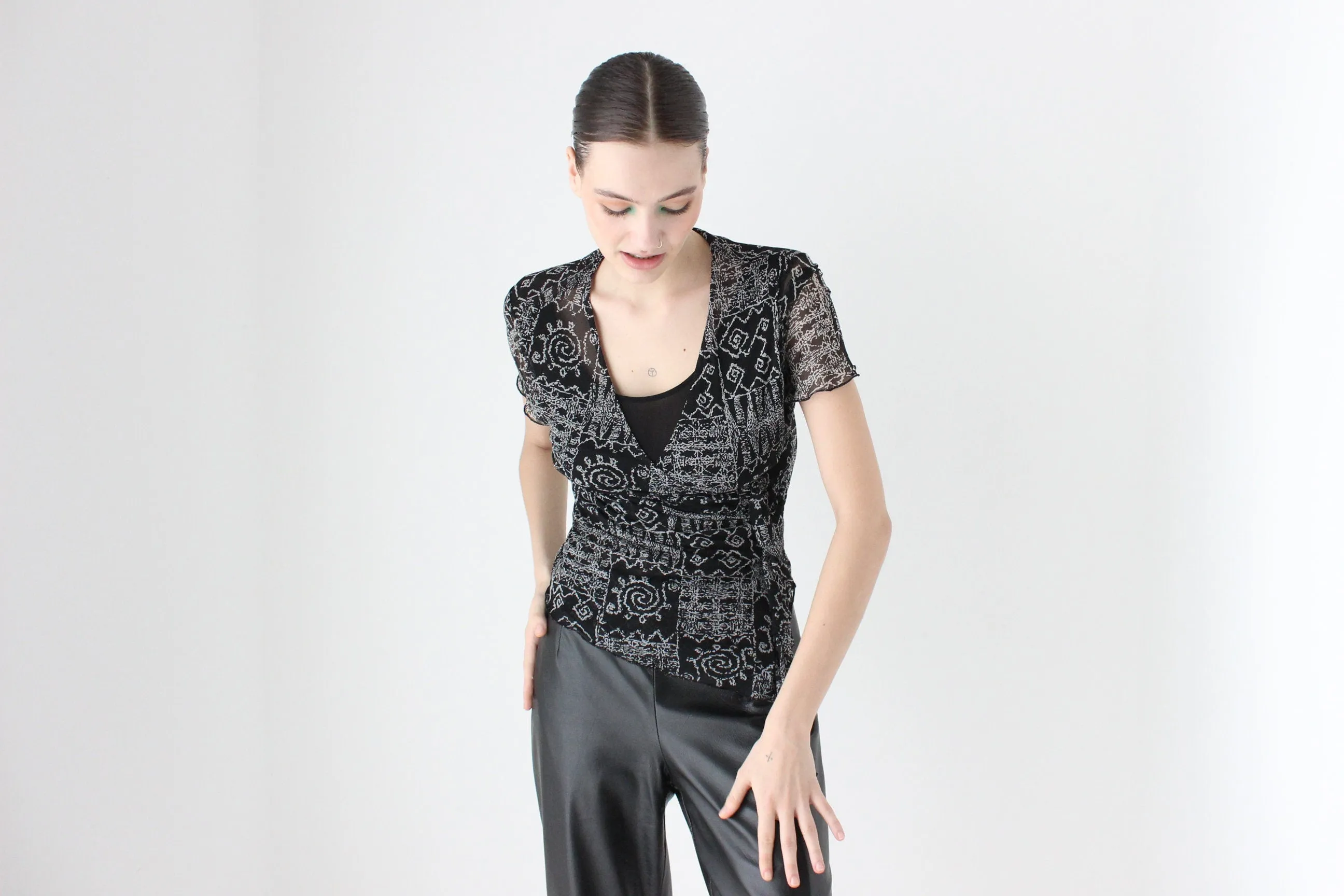 Y2K Abstract Print Mesh Top