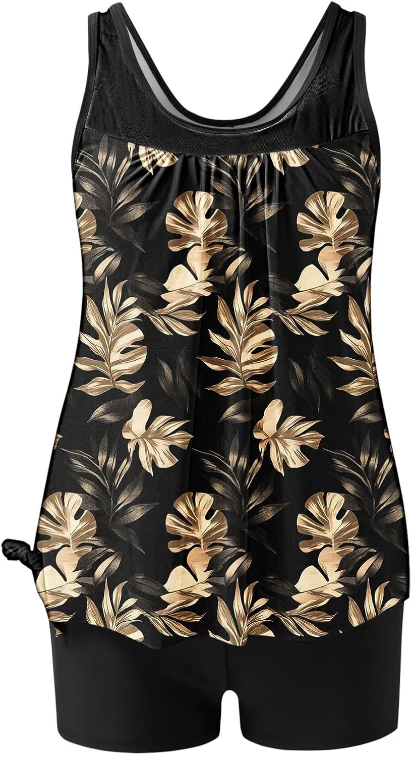 yardsong Tankini Swimsuits for Women Modest Two Piece Bathing Suits Blouson Swim Tank Top with Boy Shorts Trendy Swimwear