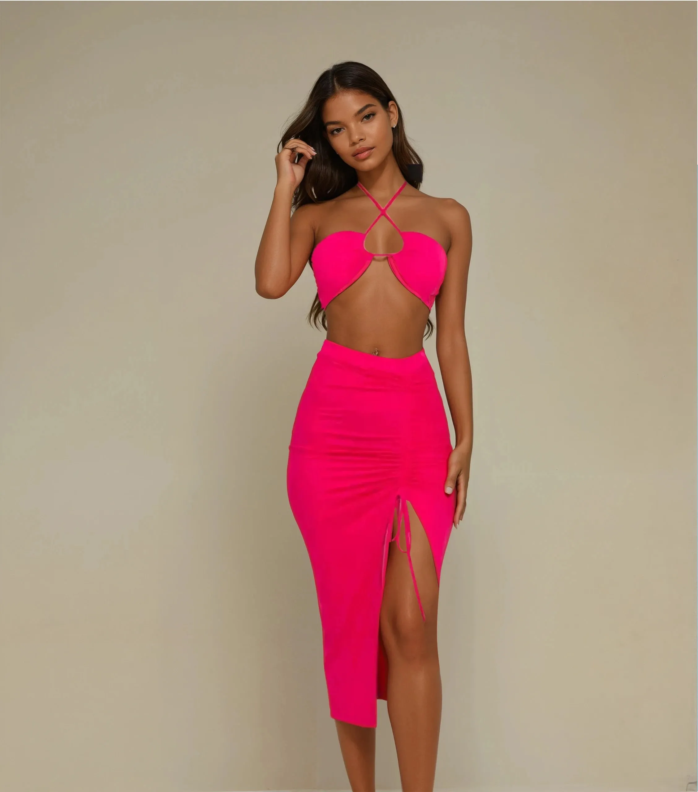 'Yasmin' 2 Piece Bikini Top and Skirt- Fuchsia