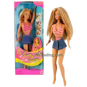 Year 1998 Butterfly Art Series 12 Inch Doll - Caucasian Model BARBIE in Pink Bikinis with Blue Denim Skirt, Bracelet, Hairbrush and Tattoo Stickers