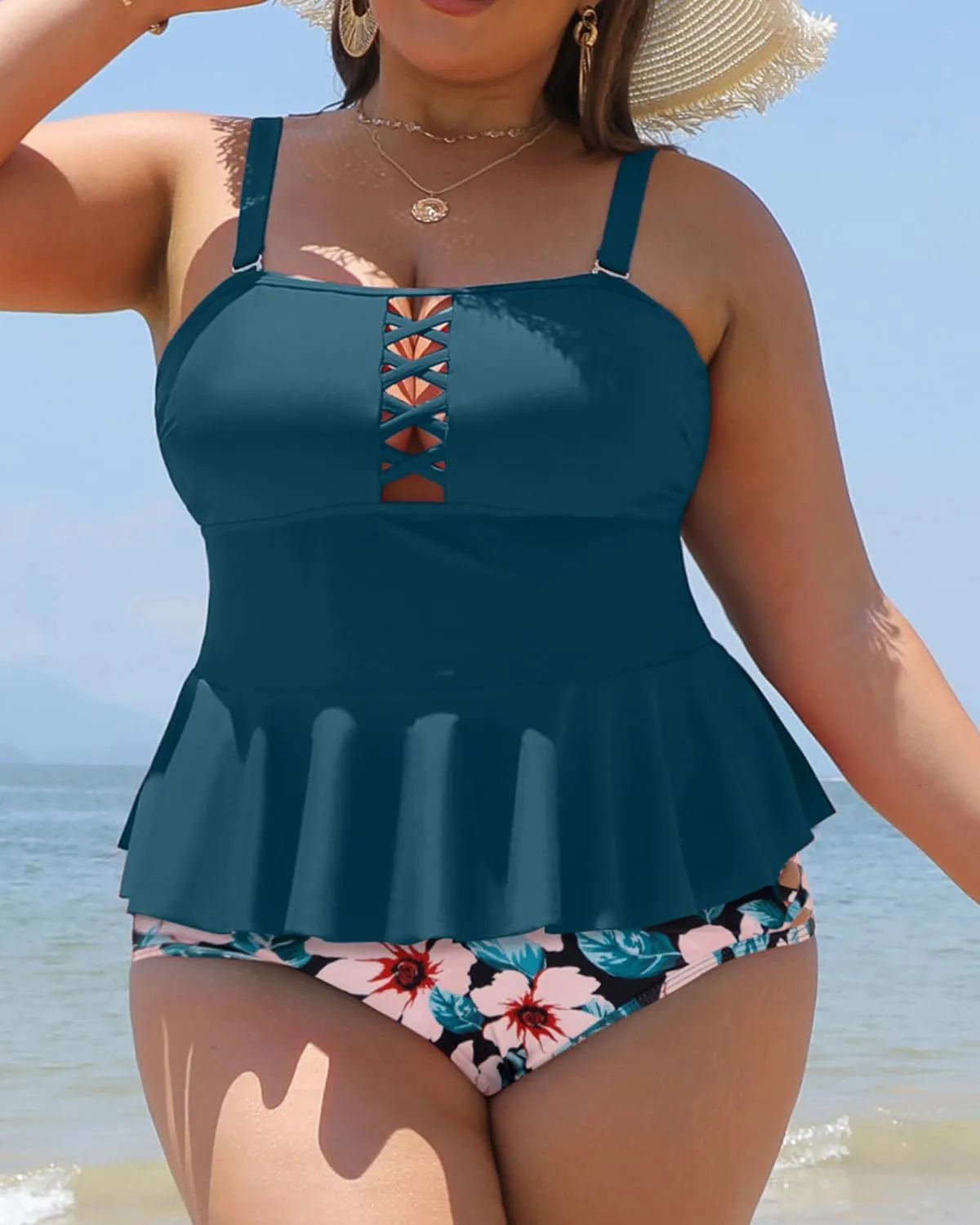 Yonique Plus Size Swimsuits for Women Tummy Control Two Piece Bathing Suits Peplum Tankini Tops High Waisted Swimwear