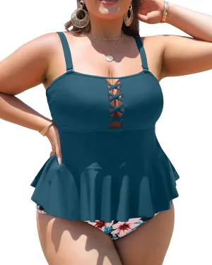 Yonique Plus Size Swimsuits for Women Tummy Control Two Piece Bathing Suits Peplum Tankini Tops High Waisted Swimwear