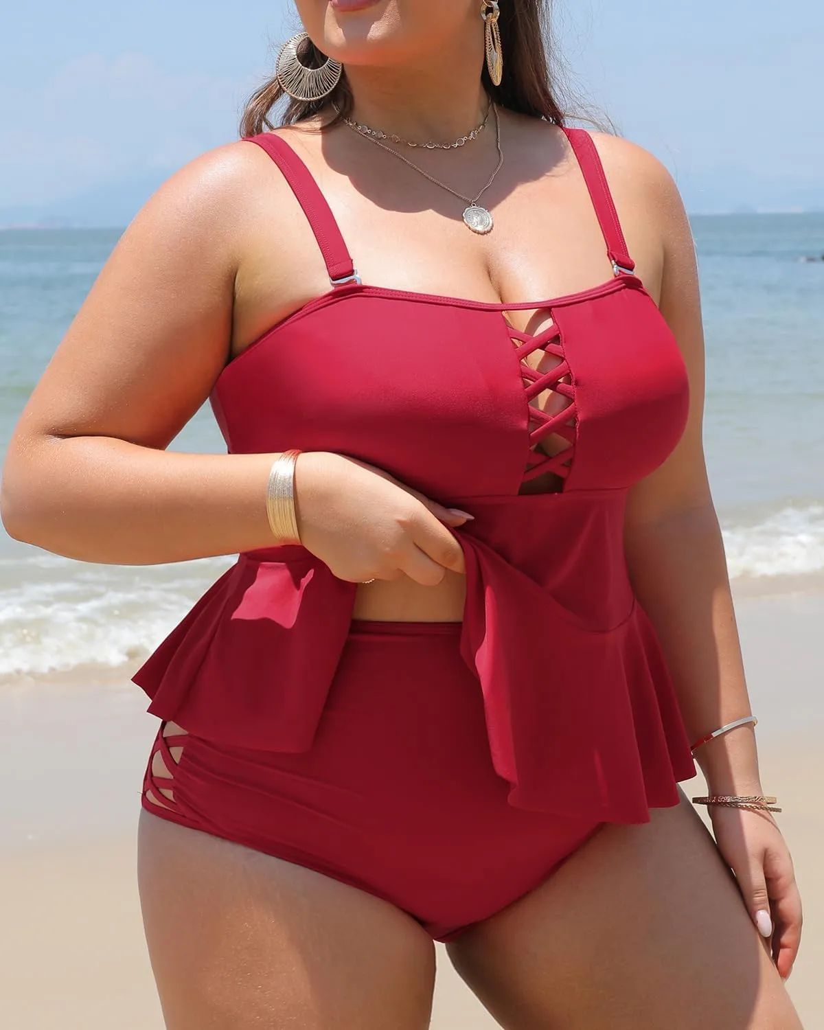 Yonique Plus Size Swimsuits for Women Tummy Control Two Piece Bathing Suits Peplum Tankini Tops High Waisted Swimwear