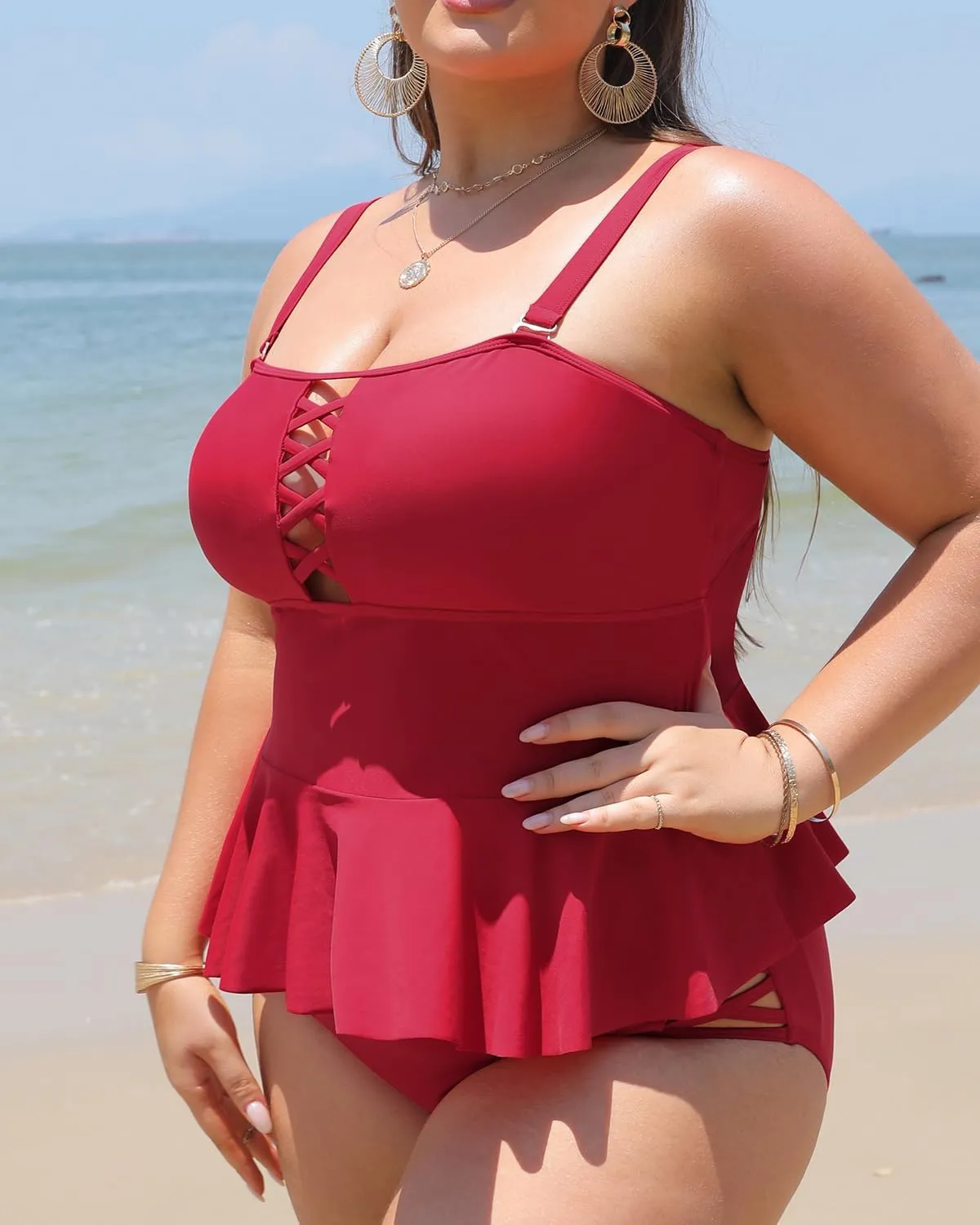 Yonique Plus Size Swimsuits for Women Tummy Control Two Piece Bathing Suits Peplum Tankini Tops High Waisted Swimwear