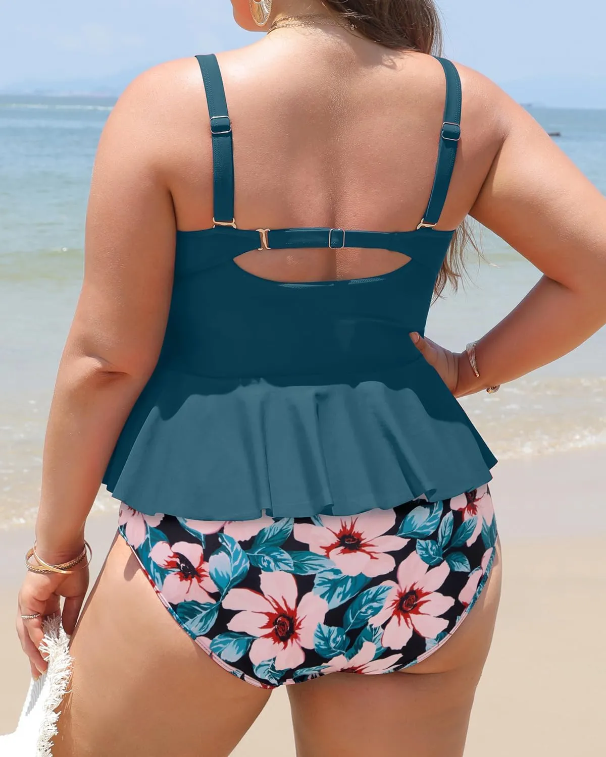 Yonique Plus Size Swimsuits for Women Tummy Control Two Piece Bathing Suits Peplum Tankini Tops High Waisted Swimwear