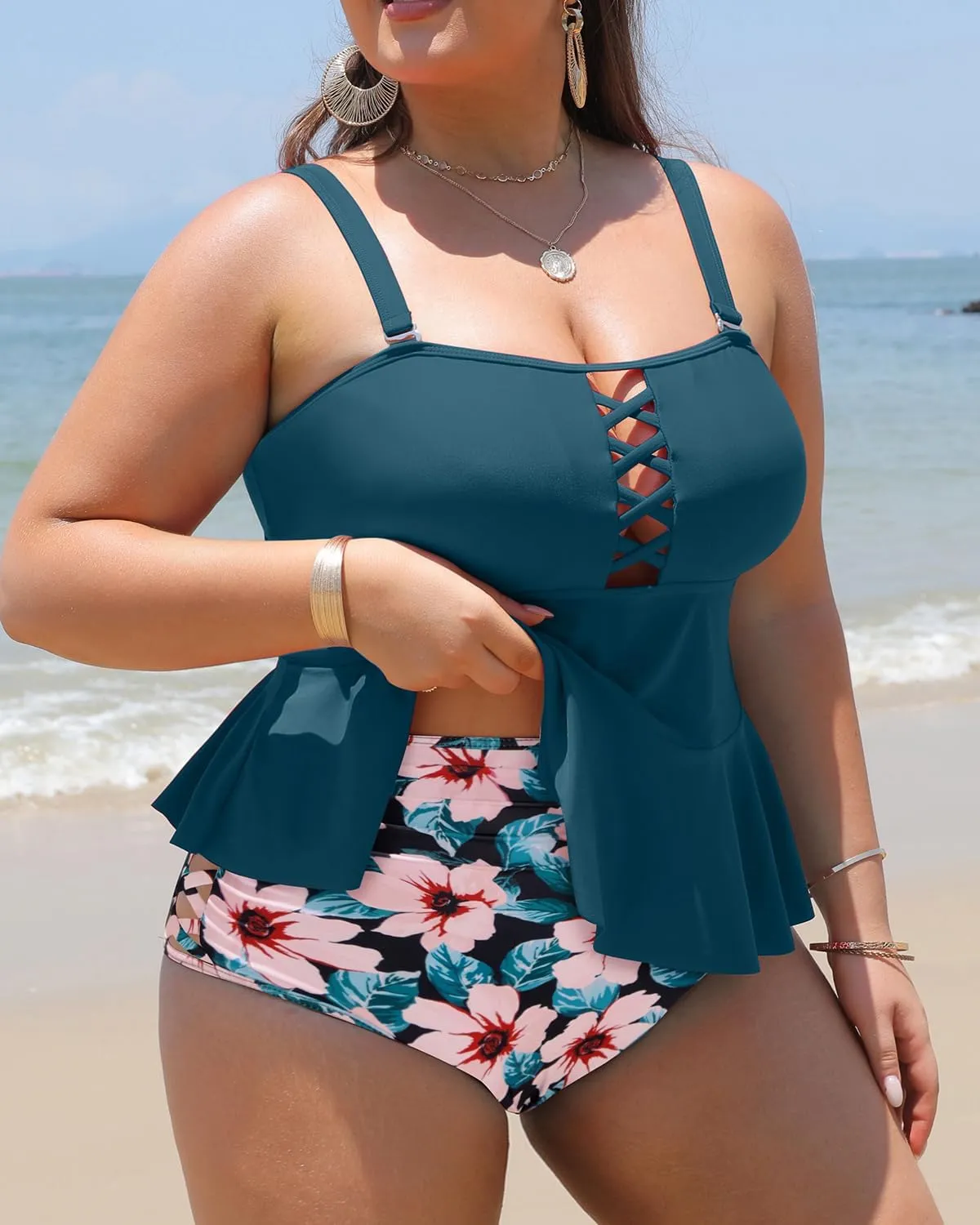 Yonique Plus Size Swimsuits for Women Tummy Control Two Piece Bathing Suits Peplum Tankini Tops High Waisted Swimwear
