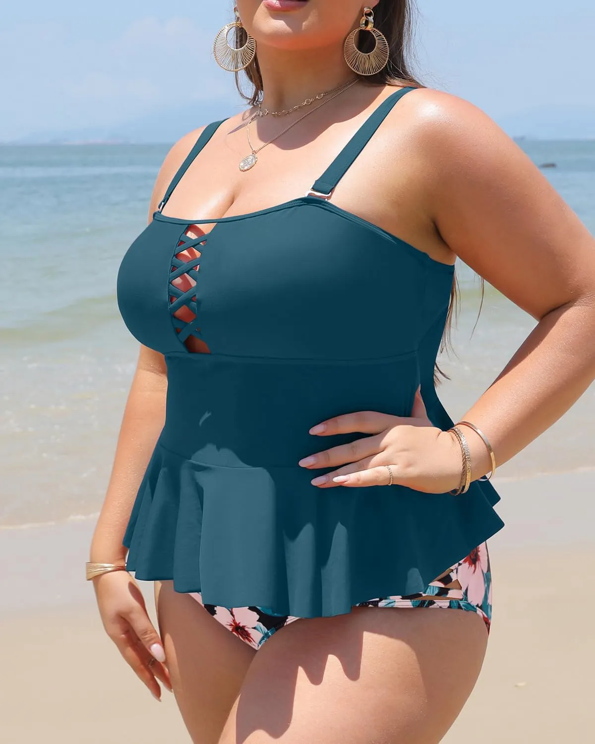 Yonique Plus Size Swimsuits for Women Tummy Control Two Piece Bathing Suits Peplum Tankini Tops High Waisted Swimwear