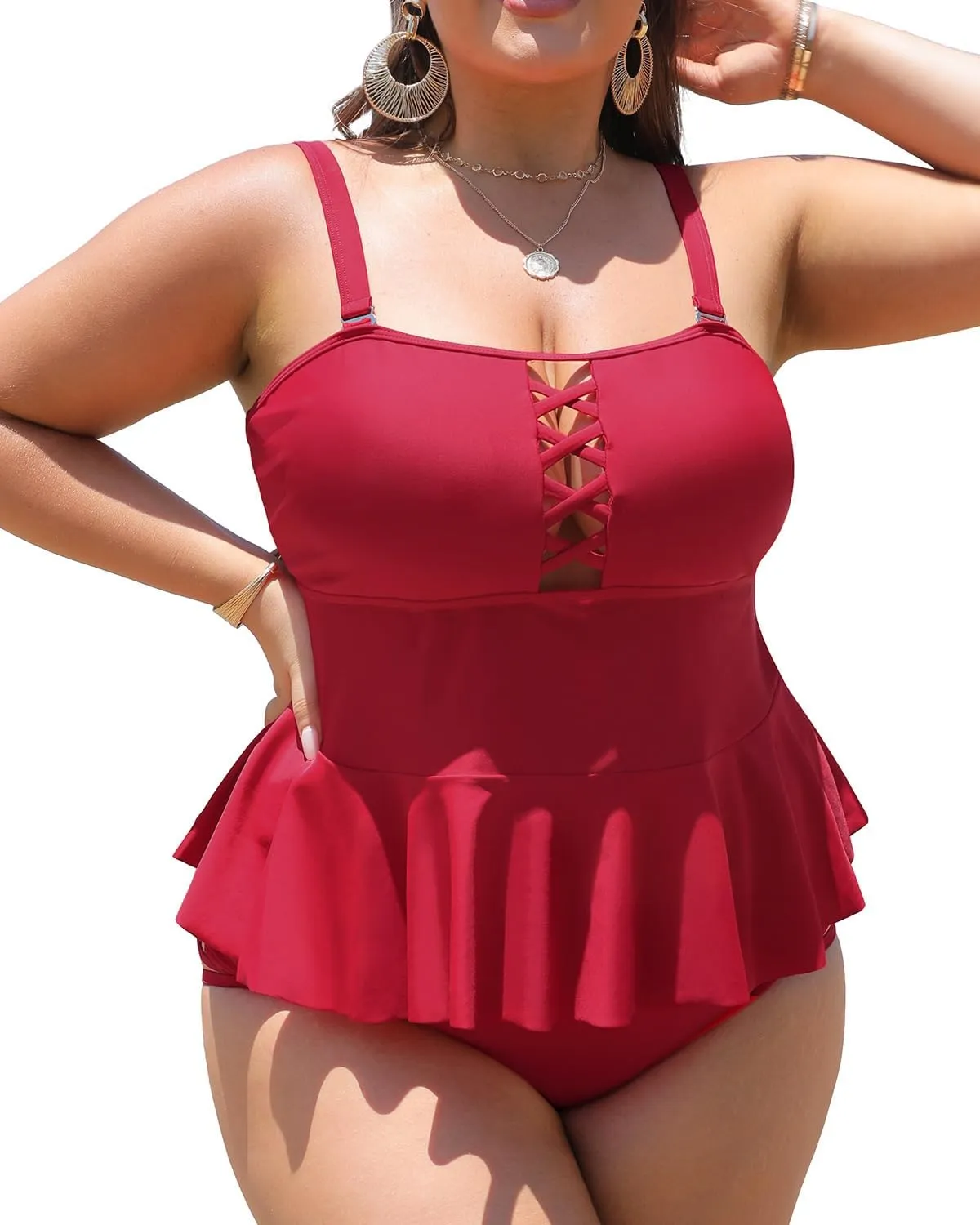 Yonique Plus Size Swimsuits for Women Tummy Control Two Piece Bathing Suits Peplum Tankini Tops High Waisted Swimwear