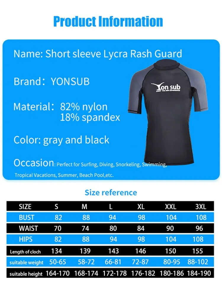 YONSUB Men Surf Rash Guard  Lycra Short Sleeve Top Quick Dry Kitesurf Windsurf Dive T-Shirt UV-Protection UPF 50  Beach Swimwear
