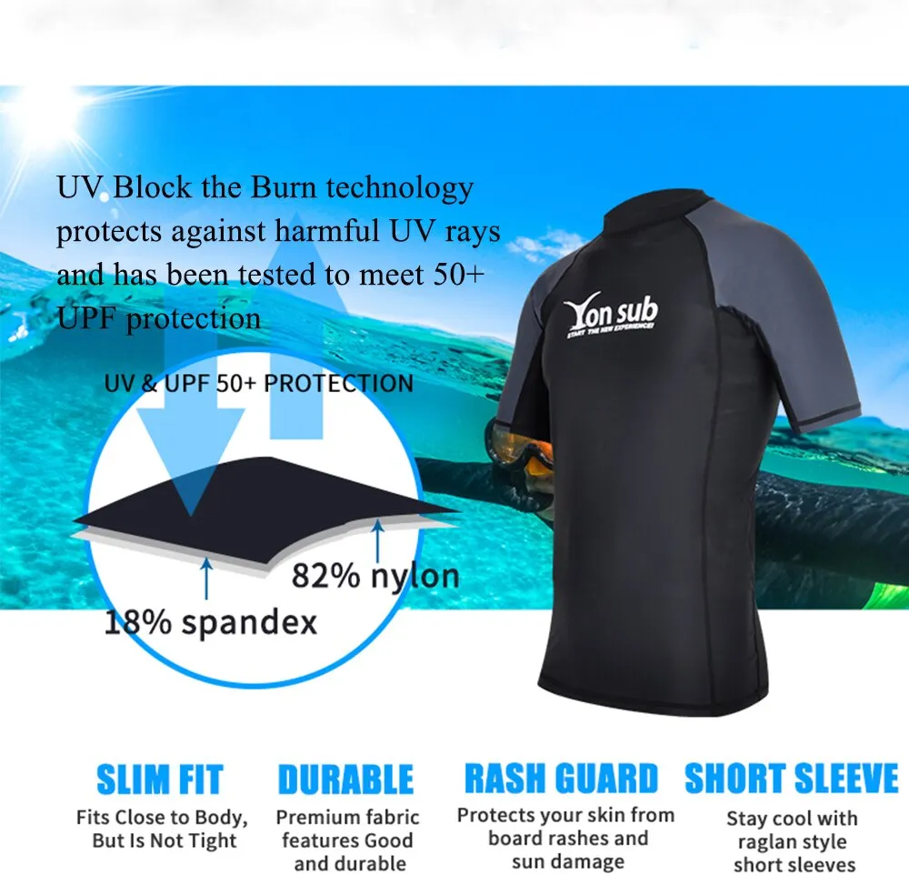 YONSUB Men Surf Rash Guard  Lycra Short Sleeve Top Quick Dry Kitesurf Windsurf Dive T-Shirt UV-Protection UPF 50  Beach Swimwear