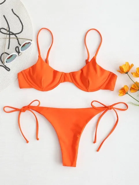 ZAFUL Spaghetti Straps Bikini Set Sexy Thong Bikini Tie Side Underwire Bikini Low Waist Swimwear Women Swimming Suit for women