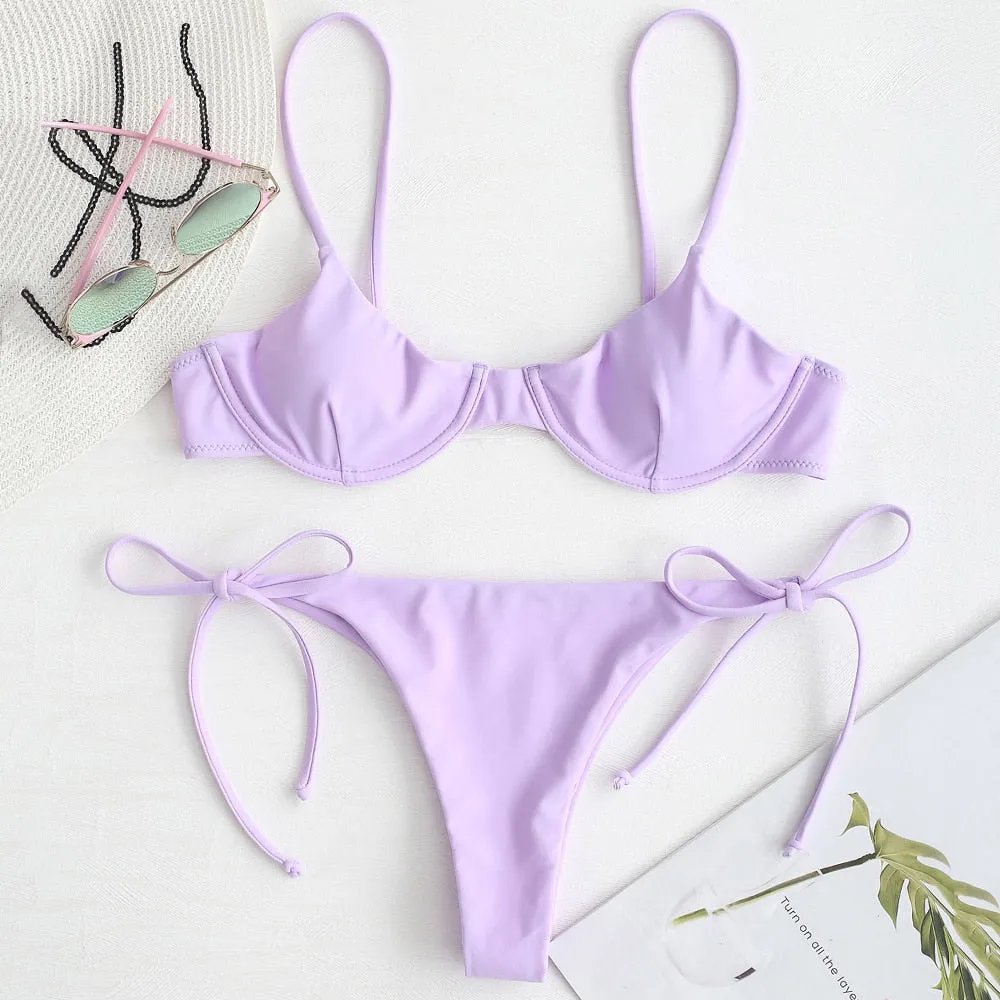 ZAFUL Spaghetti Straps Bikini Set Sexy Thong Bikini Tie Side Underwire Bikini Low Waist Swimwear Women Swimming Suit for women