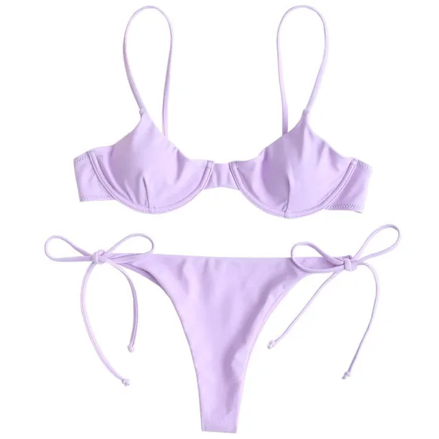 ZAFUL Spaghetti Straps Bikini Set Sexy Thong Bikini Tie Side Underwire Bikini Low Waist Swimwear Women Swimming Suit for women