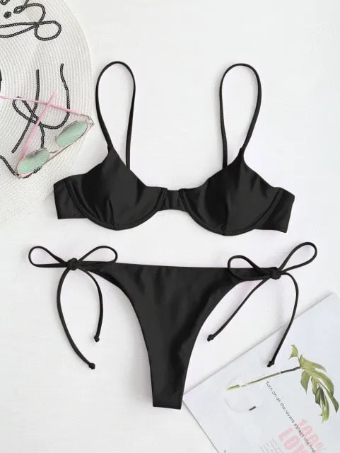ZAFUL Spaghetti Straps Bikini Set Sexy Thong Bikini Tie Side Underwire Bikini Low Waist Swimwear Women Swimming Suit for women