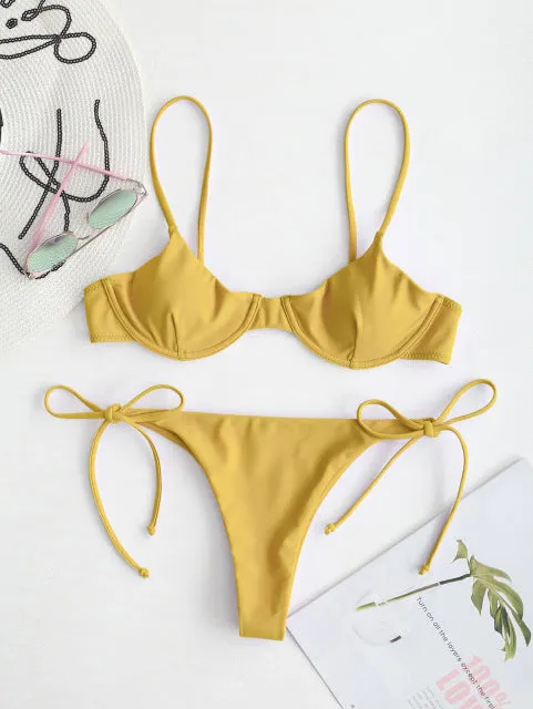 ZAFUL Spaghetti Straps Bikini Set Sexy Thong Bikini Tie Side Underwire Bikini Low Waist Swimwear Women Swimming Suit for women
