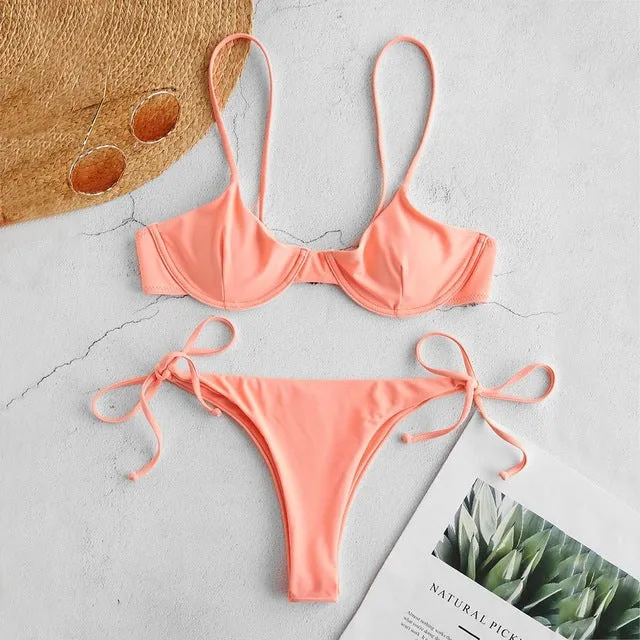 ZAFUL Spaghetti Straps Bikini Set Sexy Thong Bikini Tie Side Underwire Bikini Low Waist Swimwear Women Swimming Suit for women