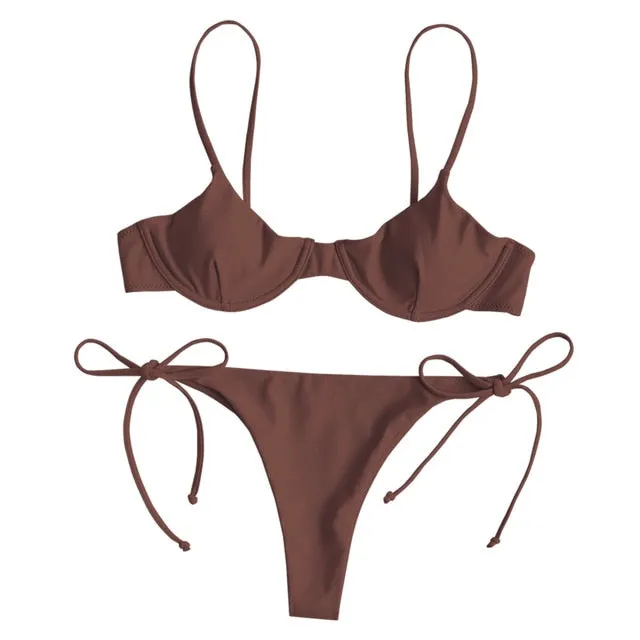 ZAFUL Spaghetti Straps Bikini Set Sexy Thong Bikini Tie Side Underwire Bikini Low Waist Swimwear Women Swimming Suit for women