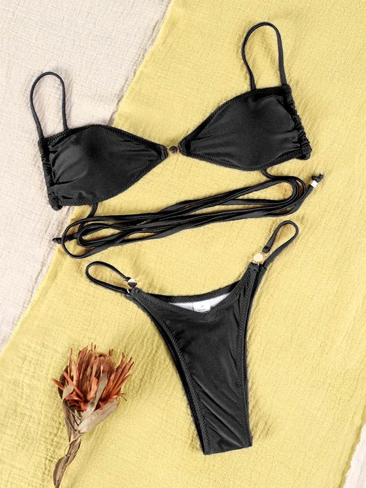 ZRTAK Solid Bikini Sexy Swimwear Women Swimsuit With Ties 2024 Thongs Bathing Suits Solid Color Beachwear Brazilian Biquini